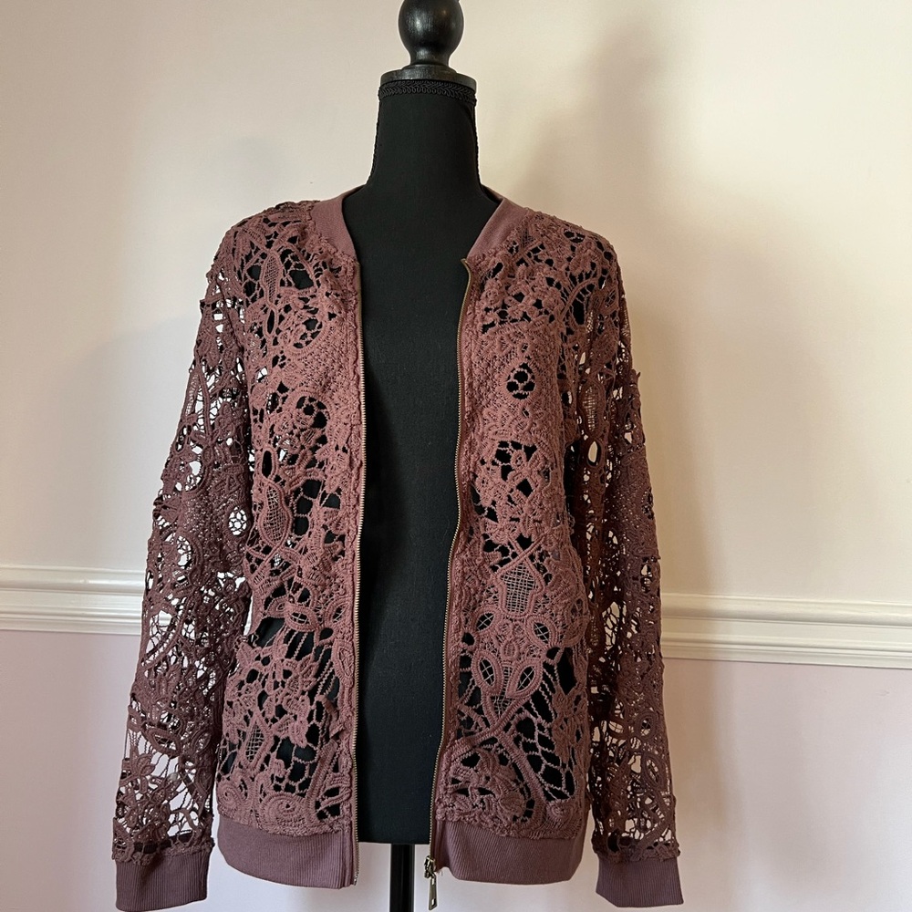 Simply Noelle Lace Openwork Cardigan in Mauve